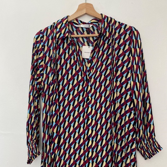 Zara The Sussy Geometric Button Front Maxi Dress with Tie Neck Size Small - Picture 7 of 7